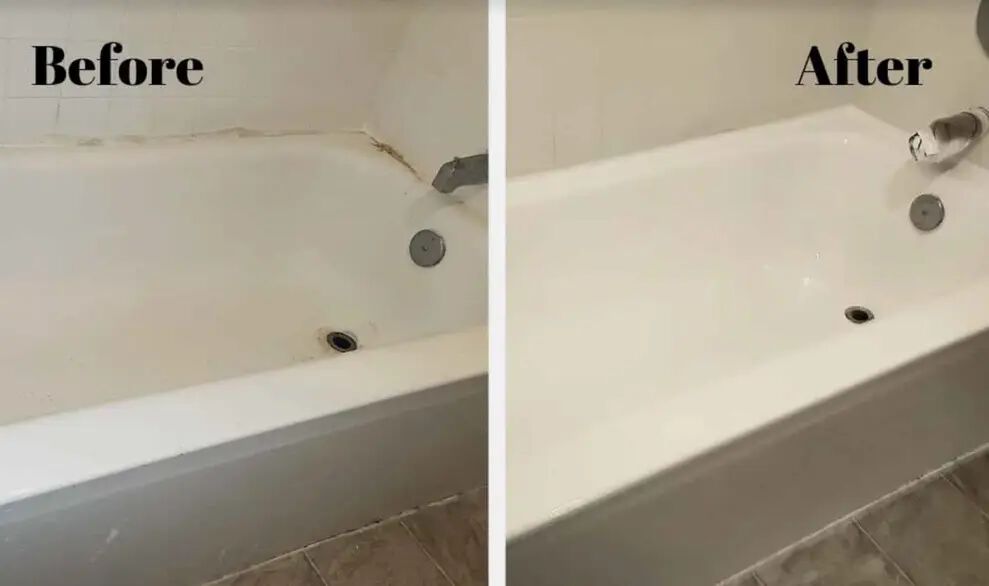 The image shows the before and after of a refinished bathtub, the before shows dark stains on the bathtub and drain, and the after shows no stains and a white bathtub.